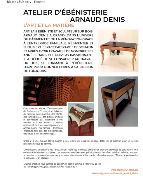 article du magazine maison et jardin sur l'atelier ébéniste Arnaud Denis